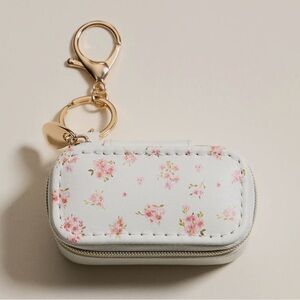 Pink Floral Travel Jewelry Case Keychain Mini Zipper Organizer with Ring Holder